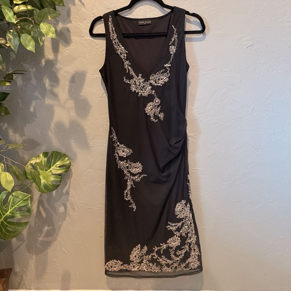 Rare Vintage Y2K Karen Millen Beaded Mesh Dress 6 Rushed Whimsigoth Midi UK 10